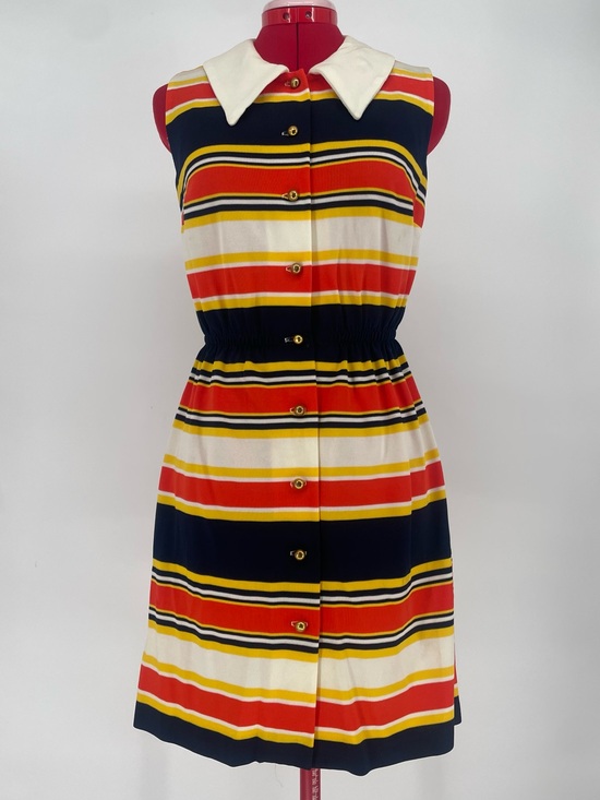Vintage Dresses & Skirts - 60s 70s Striped Vibrant / Primary Colors Sleeveless Collared Shirt Dress